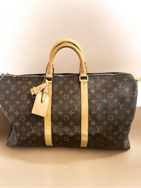 Louis Vuitton Brown Monogram Keepall 50 Travel Bag with Tan Leather Trim